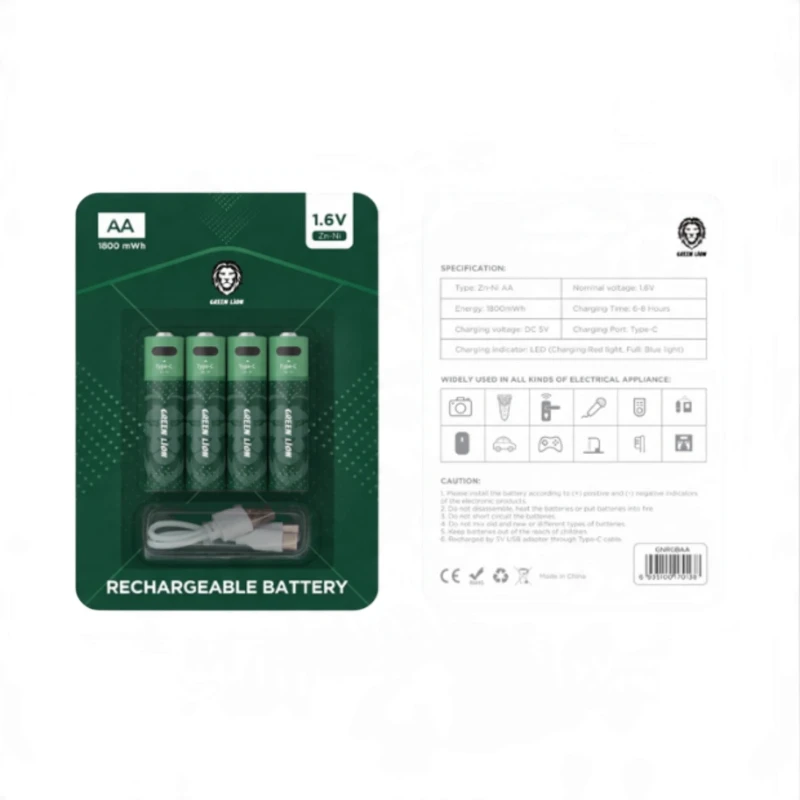بطاريات AA Green Lion – أربع قطع قابلة للشحن USB-C 1.6V
