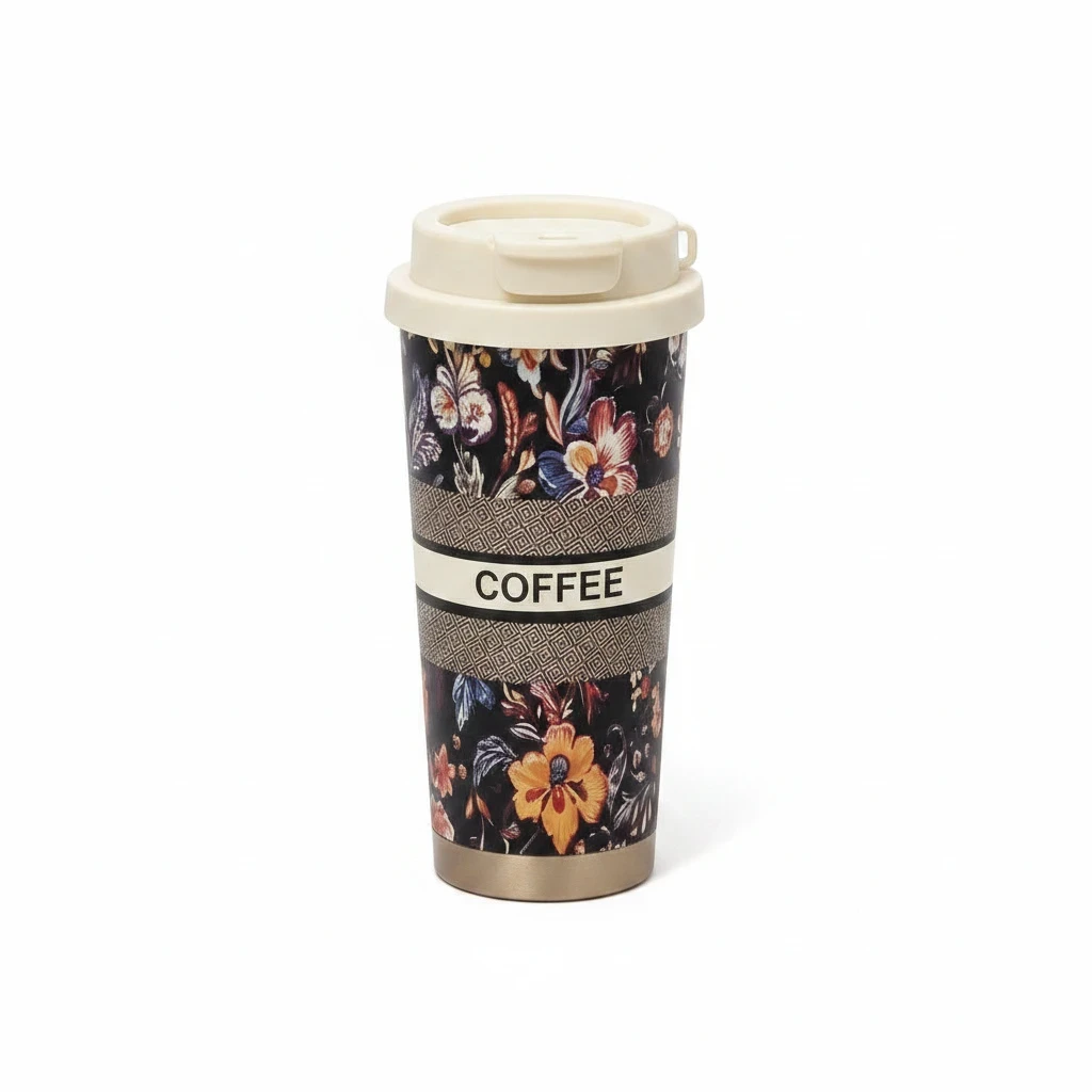 مغ حراري حافظ للمشروبات سعة 500 مل بتصميم نقشات الزهور وعبارة (COFFEE) مع غطاء محكم