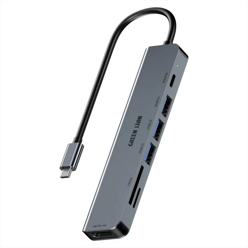 موزع USB-C Green Lion سبعة في واحد – HDMI 4K وشحن PD87W