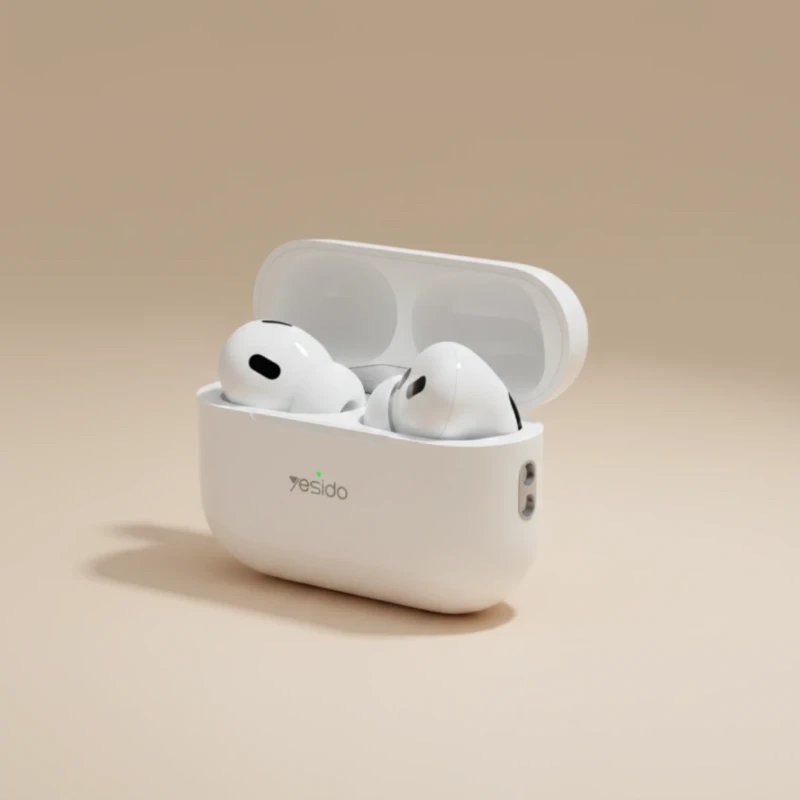 سماعة بلوتوث لاسلكية YESIDO JB23 TWS مع حافظة شحن بمنفذ Lightning وميكروفون مدمج – أبيض