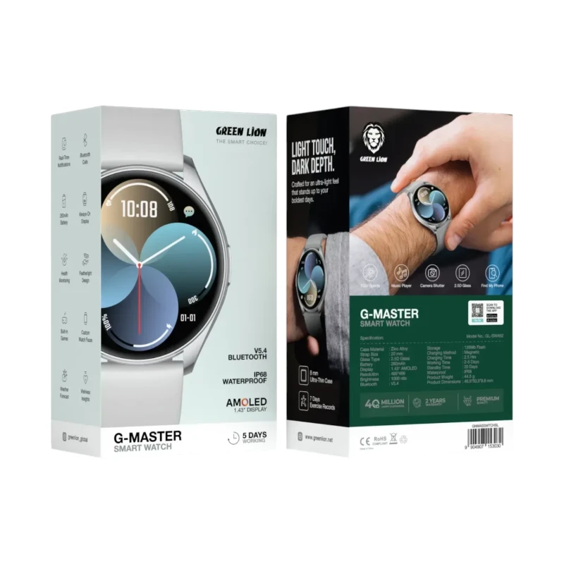 ساعة ذكية Green Lion G-Master بشاشة AMOLED ‏1.43 بوصة – فضي