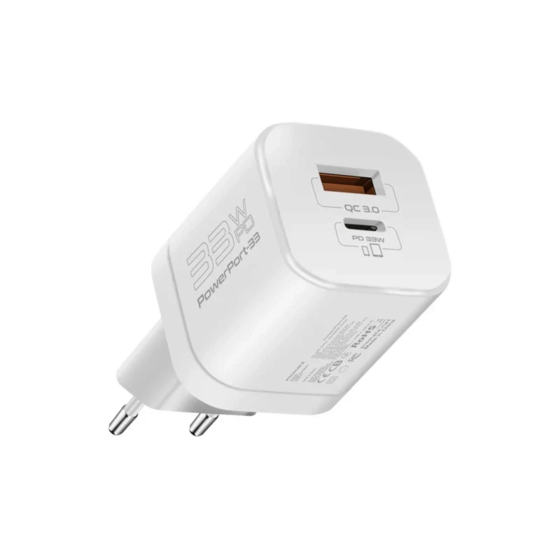 شاحن جداري Promate PowerPort-33 – GaN بمنفذين حتى 33 واط
