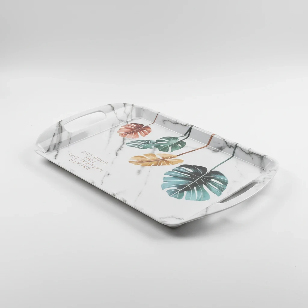 صينية ميلامين بتصميم رخامي وأوراق استوائية قياس 46×30 سم