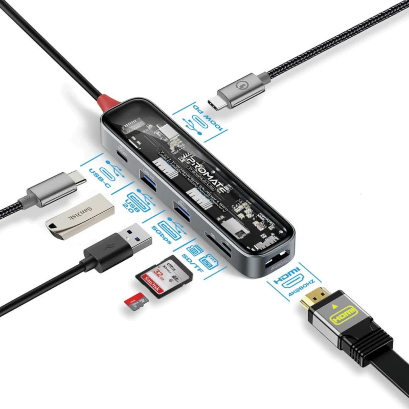 موزع USB-C Promate TransHub-Lite – 7 في 1 وشحن PD حتى 100W