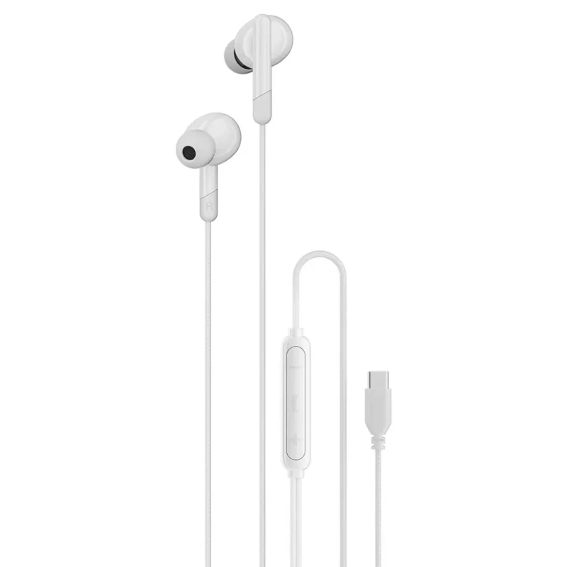 سماعات أذن USB-C Porodo – تحكم سلكي بثلاثة أزرار أبيض