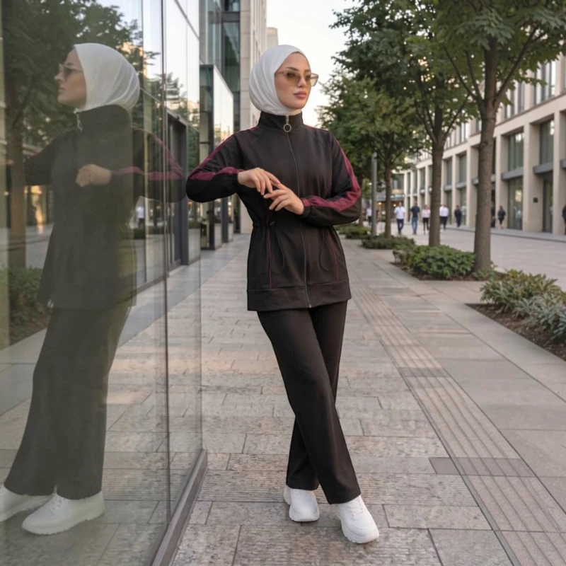 طقم نسائي قطعتين قطن توفليس – أسود بتفاصيل خمرية