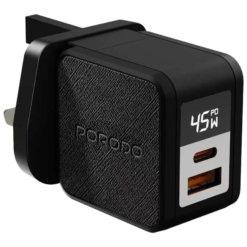 شاحن حائط GaN Porodo Quantum – 45 واط بمنفذي USB-A و USB-C اسود